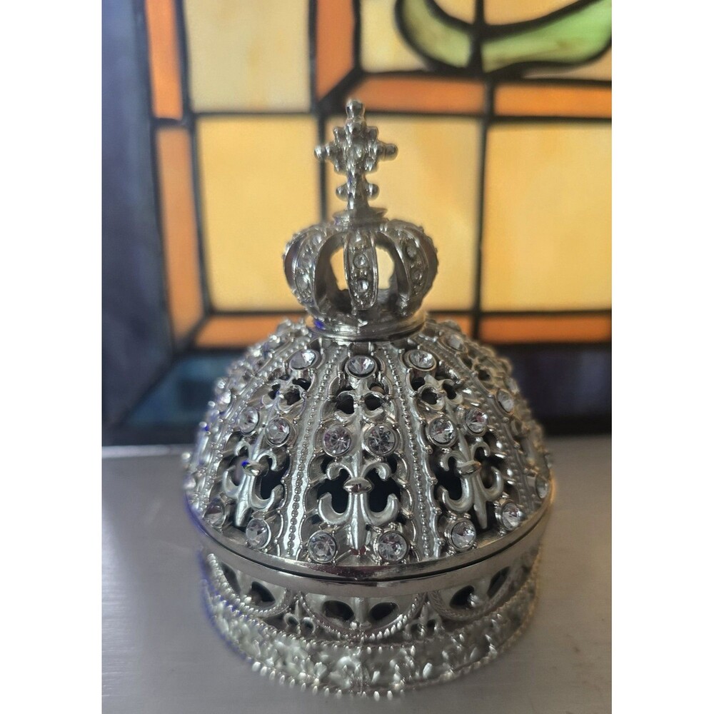 Crown Trinket Jewelry Box Bejeweled Silvertone Hinged Enamel Decor